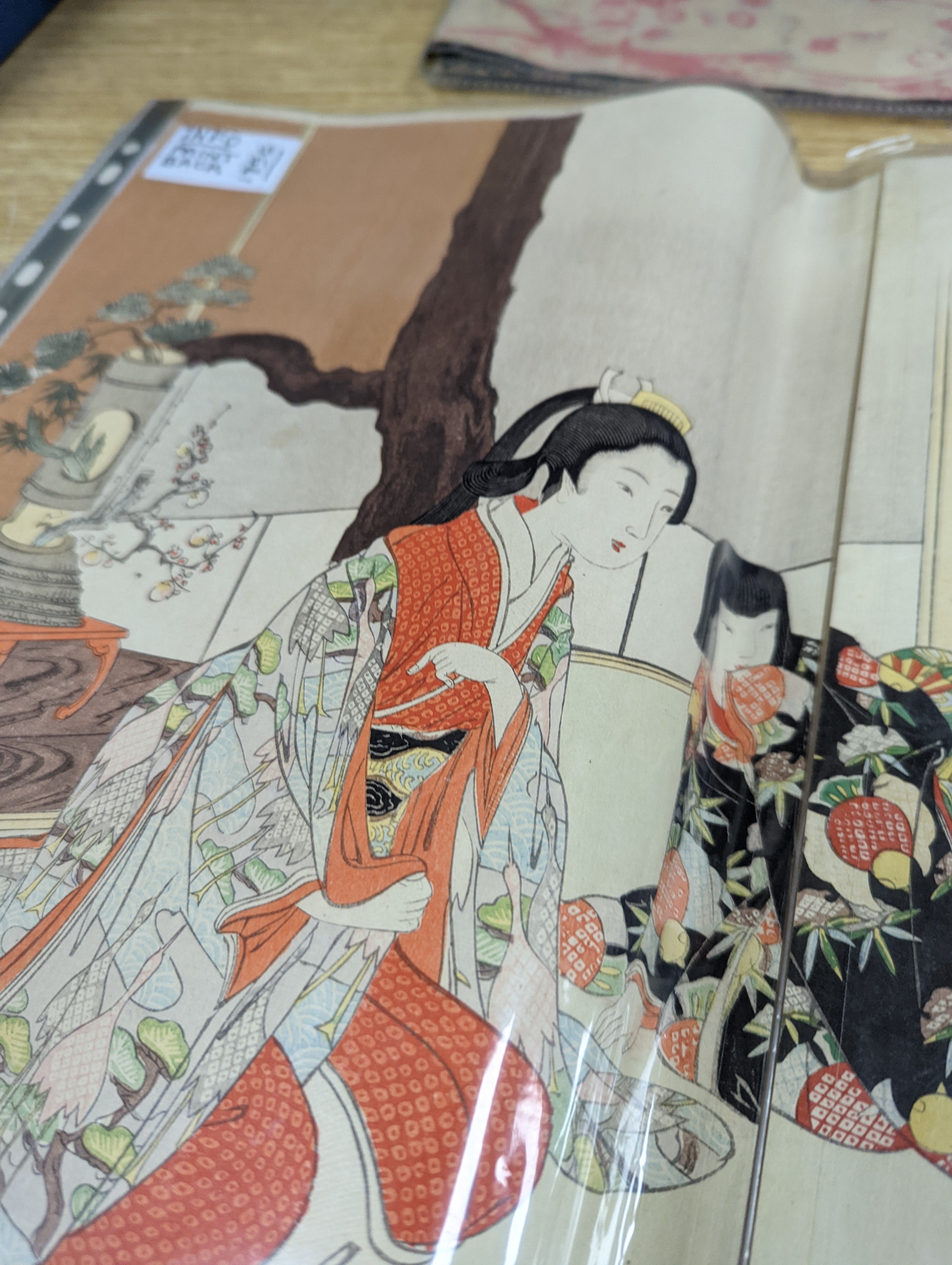 Three Japanese woodblock triptychs by Chikanobu Toyohara and others, Oban format